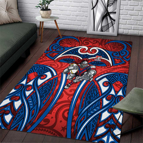 Newcastle Knights Rugby Area Rug Polynesian Tribal Knight Warrior Red Blue Pattern