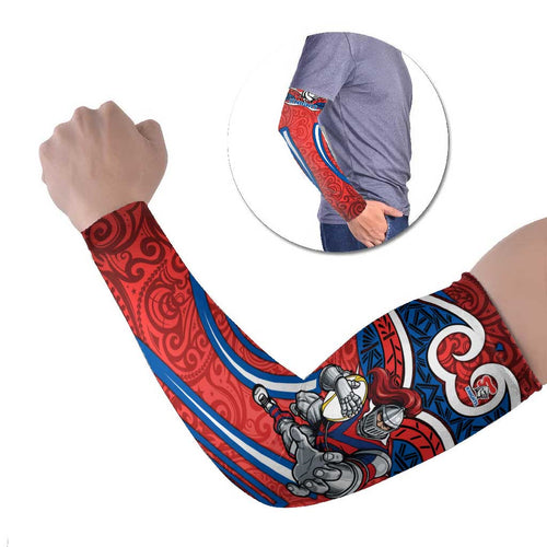 Newcastle Knights Rugby Arm Sleeves Polynesian Tribal Knight Warrior Red Blue Pattern