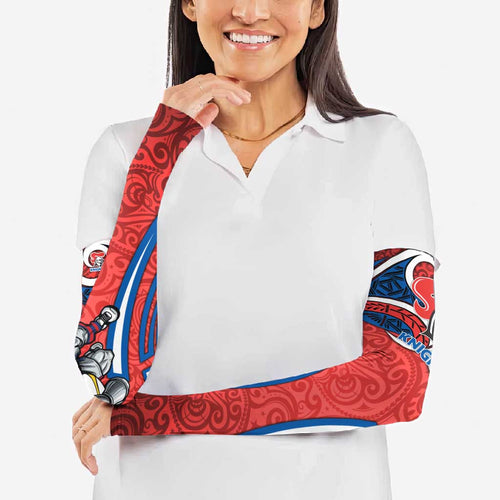 Newcastle Knights Rugby Arm Sleeves Polynesian Tribal Knight Warrior Red Blue Pattern