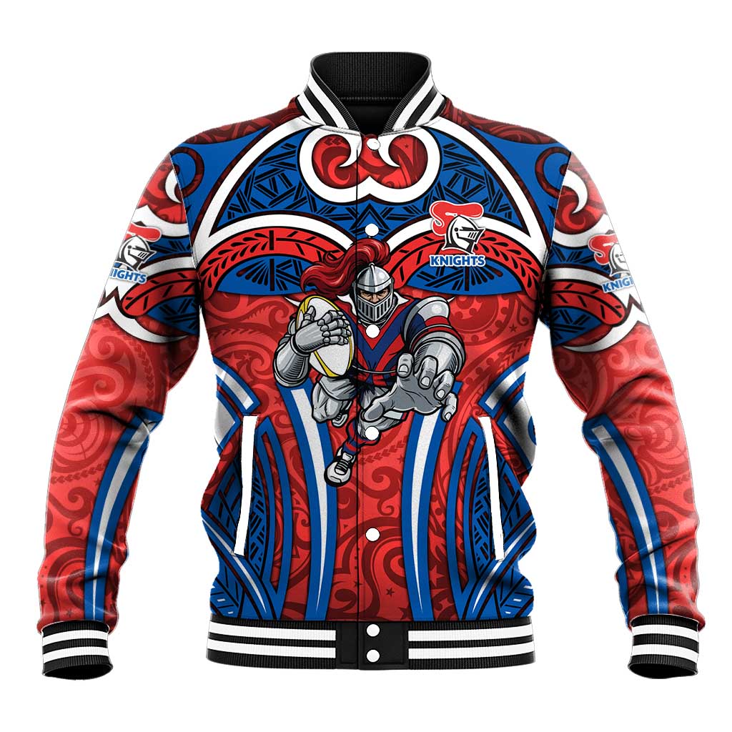 Newcastle Knights Rugby Baseball Jacket Polynesian Tribal Knight Warrior Red Blue Pattern