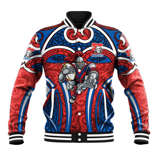 Newcastle Knights Rugby Baseball Jacket Polynesian Tribal Knight Warrior Red Blue Pattern