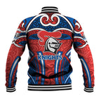 Newcastle Knights Rugby Baseball Jacket Polynesian Tribal Knight Warrior Red Blue Pattern