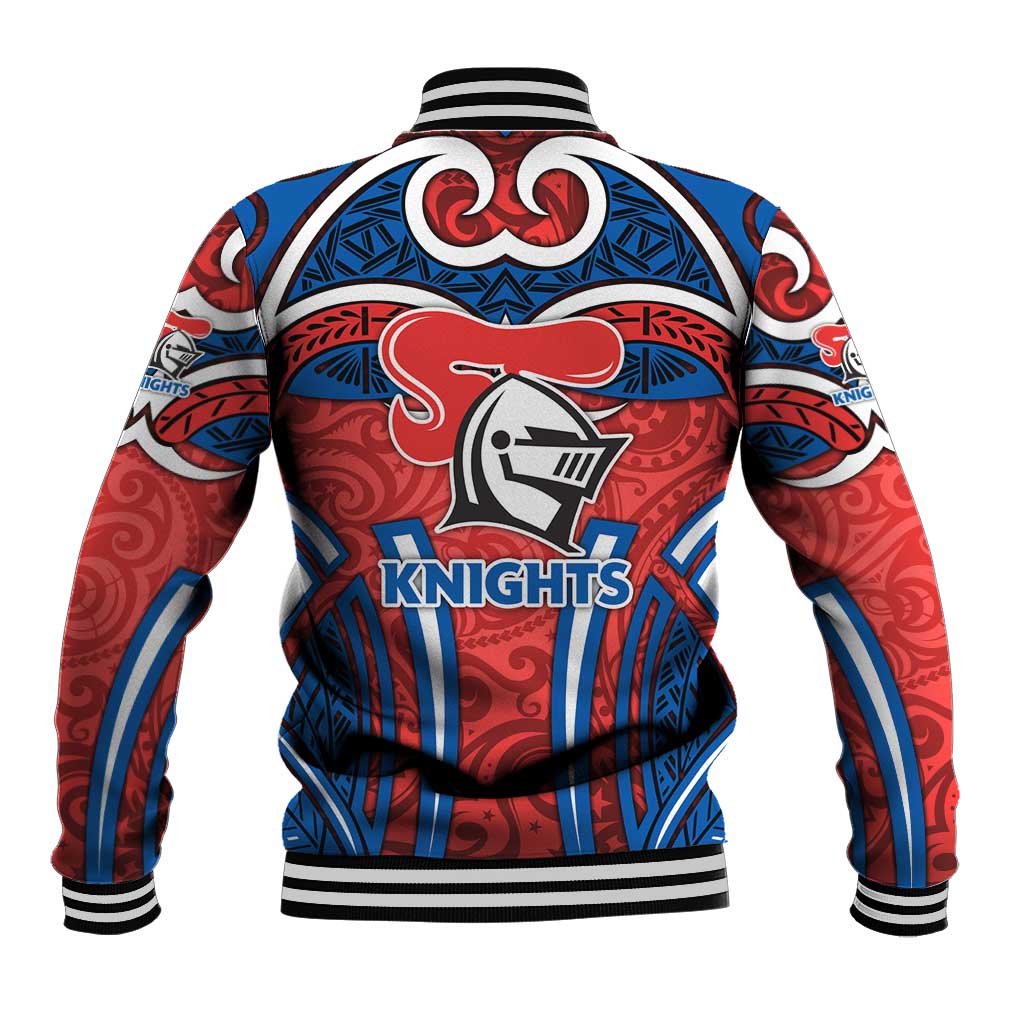 Newcastle Knights Rugby Baseball Jacket Polynesian Tribal Knight Warrior Red Blue Pattern