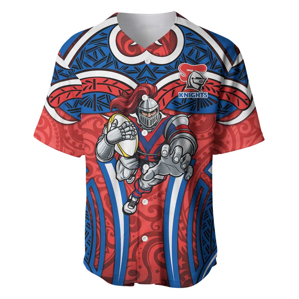 Newcastle Knights Rugby Baseball Jersey Polynesian Tribal Knight Warrior Red Blue Pattern
