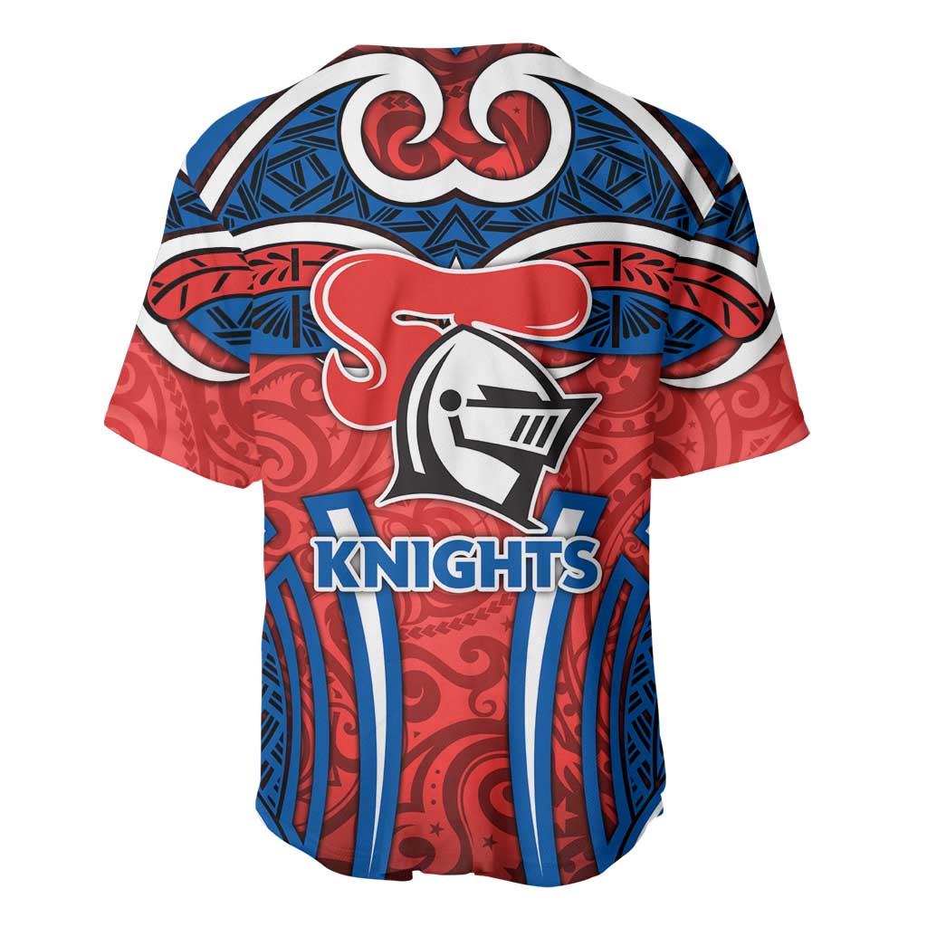 Newcastle Knights Rugby Baseball Jersey Polynesian Tribal Knight Warrior Red Blue Pattern