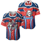Newcastle Knights Rugby Baseball Jersey Polynesian Tribal Knight Warrior Red Blue Pattern