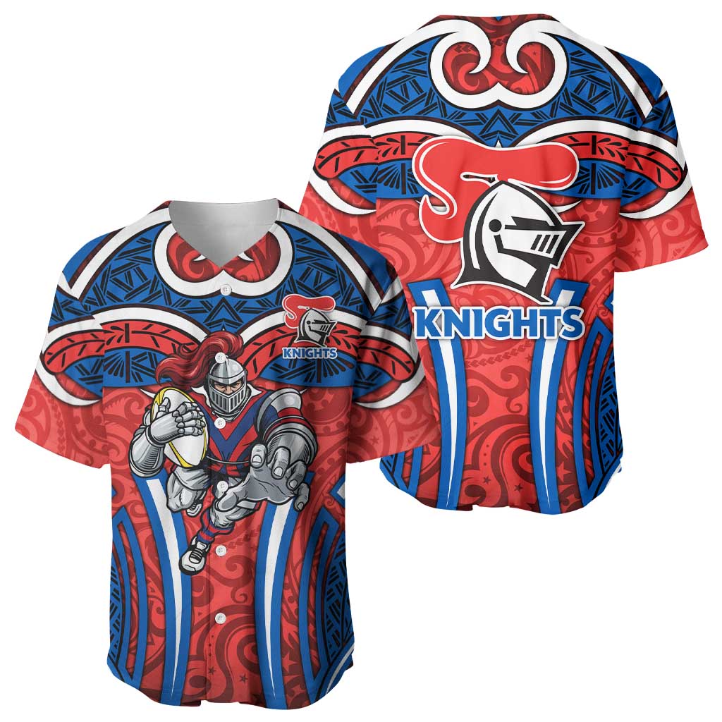 Newcastle Knights Rugby Baseball Jersey Polynesian Tribal Knight Warrior Red Blue Pattern