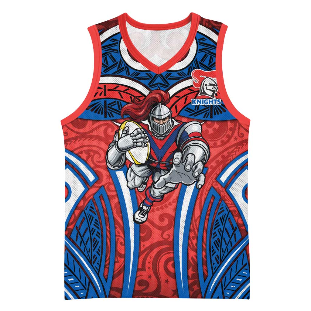 Newcastle Knights Rugby Basketball Jersey Polynesian Tribal Knight Warrior Red Blue Pattern
