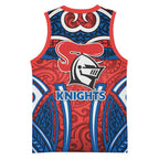 Newcastle Knights Rugby Basketball Jersey Polynesian Tribal Knight Warrior Red Blue Pattern