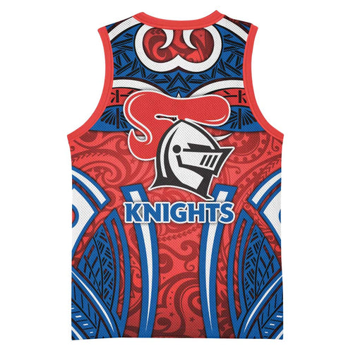 Newcastle Knights Rugby Basketball Jersey Polynesian Tribal Knight Warrior Red Blue Pattern