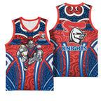 Newcastle Knights Rugby Basketball Jersey Polynesian Tribal Knight Warrior Red Blue Pattern