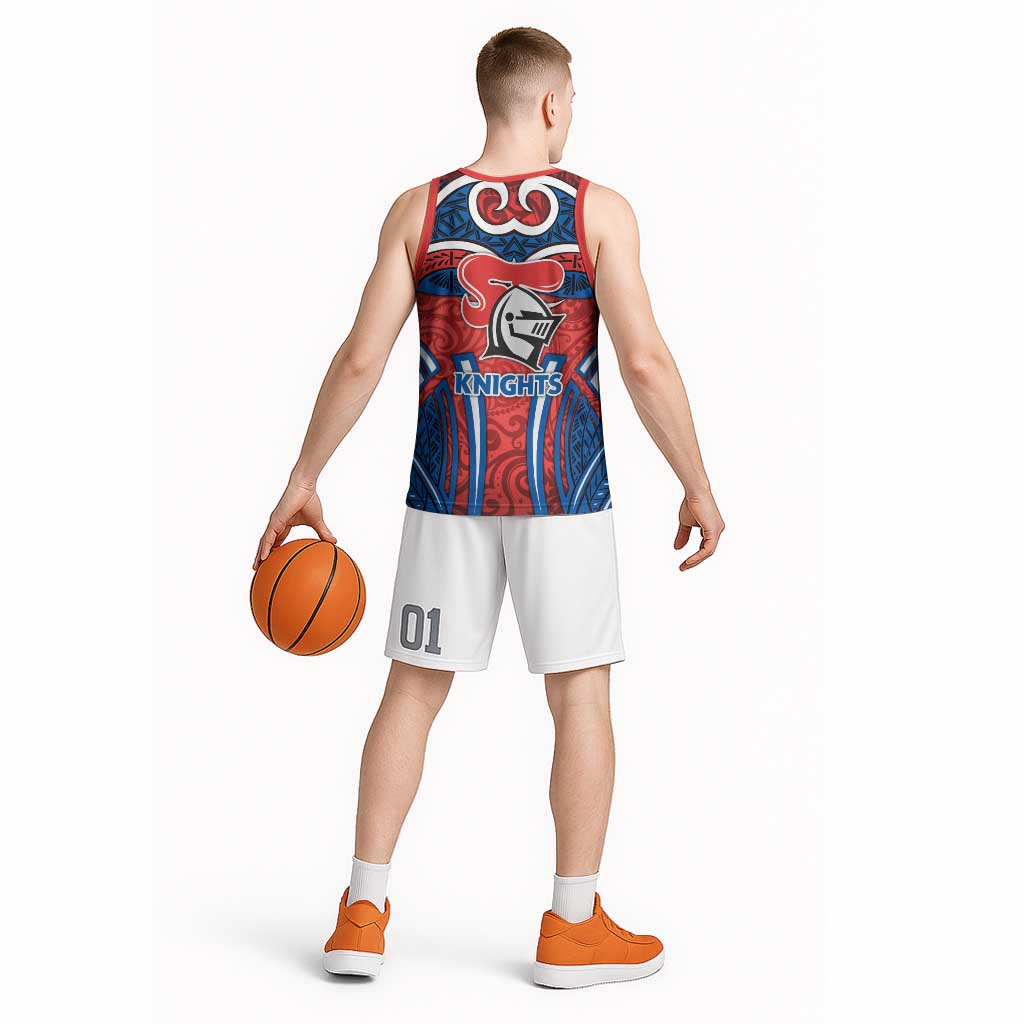 Newcastle Knights Rugby Basketball Jersey Polynesian Tribal Knight Warrior Red Blue Pattern