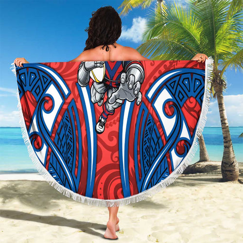 Newcastle Knights Rugby Beach Blanket Polynesian Tribal Knight Warrior Red Blue Pattern