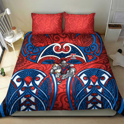 Newcastle Knights Rugby Bedding Set Polynesian Tribal Knight Warrior Red Blue Pattern