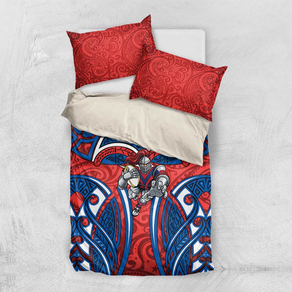 Newcastle Knights Rugby Bedding Set Polynesian Tribal Knight Warrior Red Blue Pattern