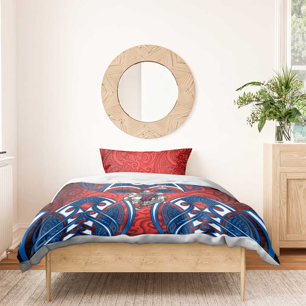 Newcastle Knights Rugby Bedding Set Polynesian Tribal Knight Warrior Red Blue Pattern