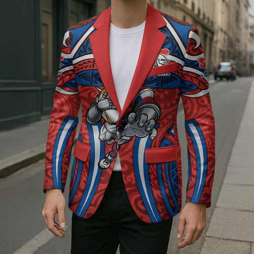 Newcastle Knights Rugby Blazer Polynesian Tribal Knight Warrior Red Blue Pattern