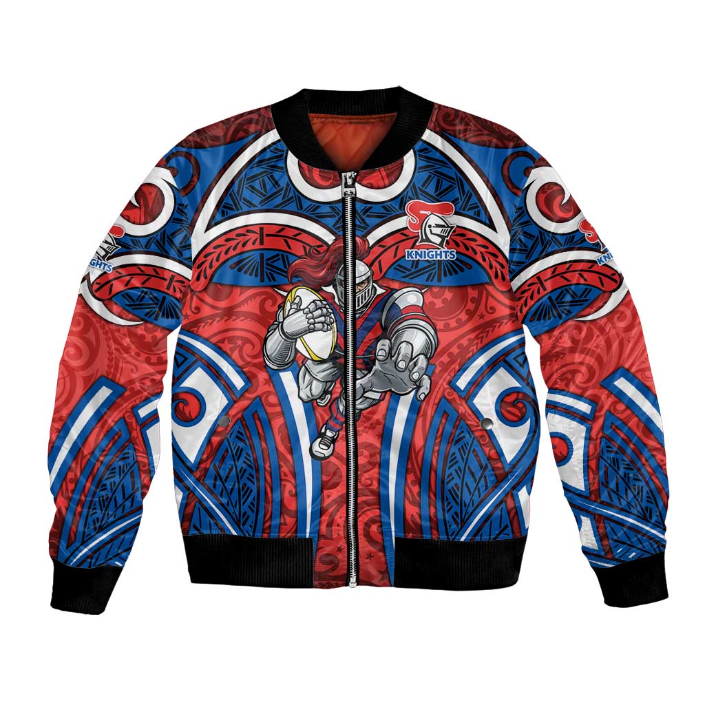 Newcastle Knights Rugby Bomber Jacket Polynesian Tribal Knight Warrior Red Blue Pattern