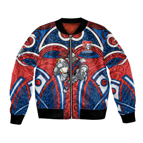 Newcastle Knights Rugby Bomber Jacket Polynesian Tribal Knight Warrior Red Blue Pattern