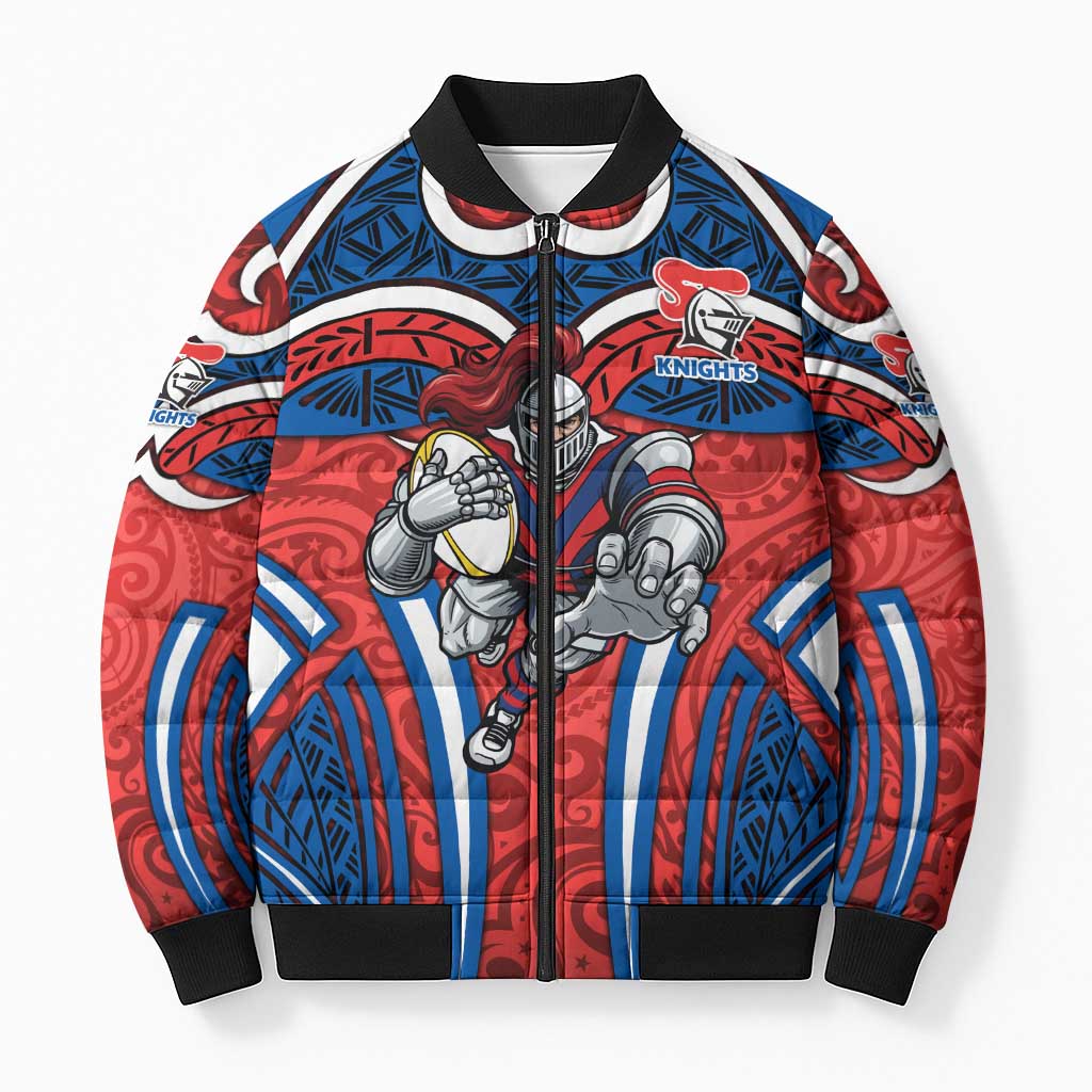 Newcastle Knights Rugby Bomber Puffer Jacket Polynesian Tribal Knight Warrior Red Blue Pattern