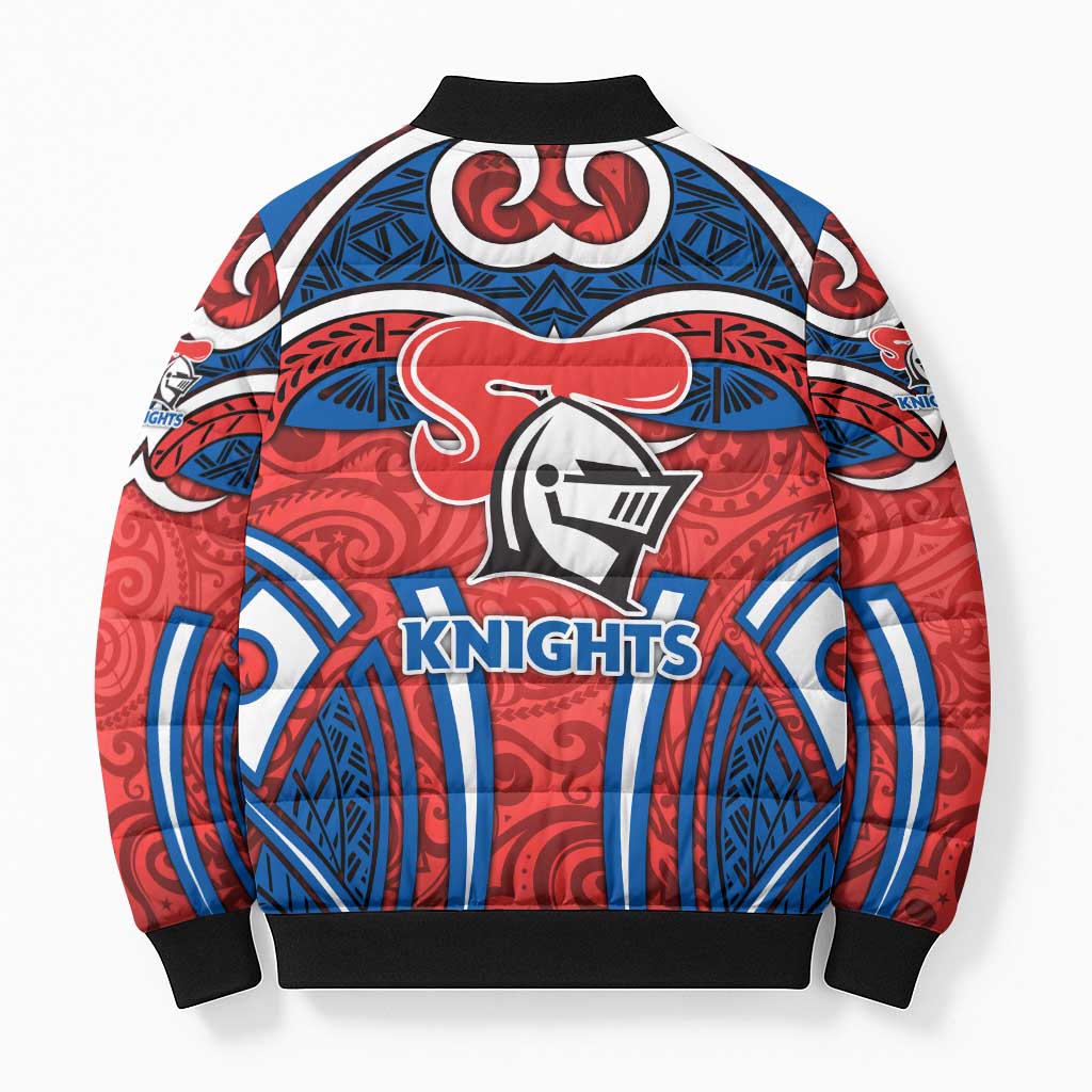 Newcastle Knights Rugby Bomber Puffer Jacket Polynesian Tribal Knight Warrior Red Blue Pattern