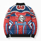 Newcastle Knights Rugby Bomber Puffer Jacket Polynesian Tribal Knight Warrior Red Blue Pattern