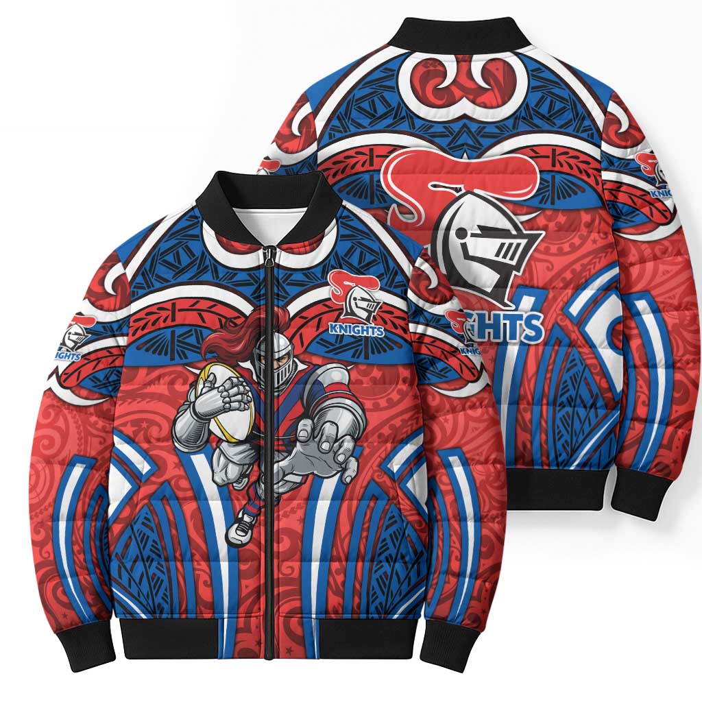 Newcastle Knights Rugby Bomber Puffer Jacket Polynesian Tribal Knight Warrior Red Blue Pattern