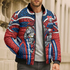 Newcastle Knights Rugby Bomber Puffer Jacket Polynesian Tribal Knight Warrior Red Blue Pattern