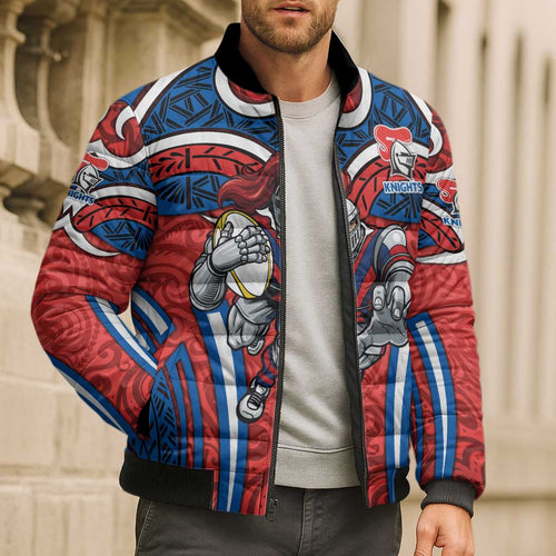 Newcastle Knights Rugby Bomber Puffer Jacket Polynesian Tribal Knight Warrior Red Blue Pattern