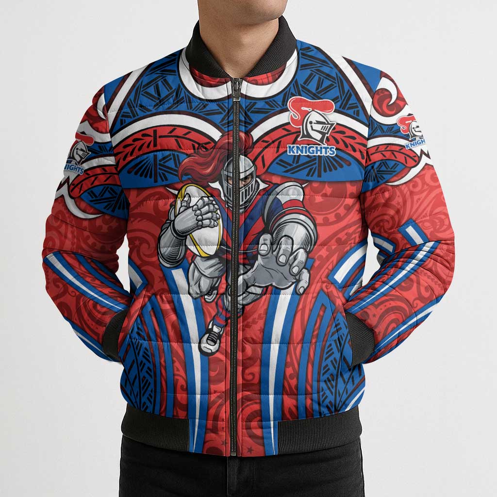 Newcastle Knights Rugby Bomber Puffer Jacket Polynesian Tribal Knight Warrior Red Blue Pattern