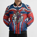 Newcastle Knights Rugby Bomber Puffer Jacket Polynesian Tribal Knight Warrior Red Blue Pattern