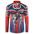 Newcastle Knights Rugby Button Sweatshirt Polynesian Tribal Knight Warrior Red Blue Pattern