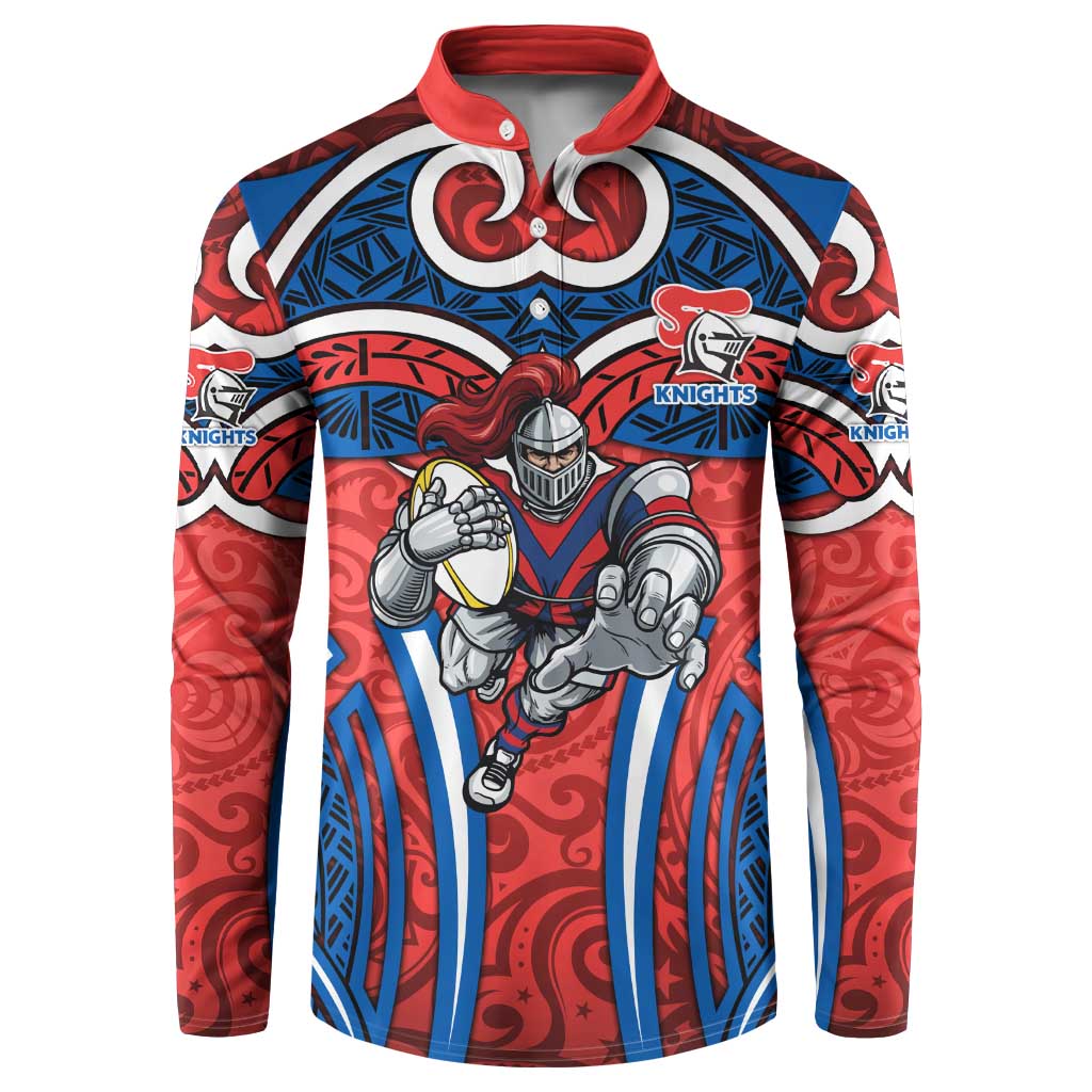 Newcastle Knights Rugby Button Sweatshirt Polynesian Tribal Knight Warrior Red Blue Pattern
