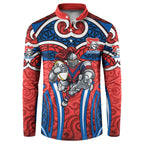 Newcastle Knights Rugby Button Sweatshirt Polynesian Tribal Knight Warrior Red Blue Pattern
