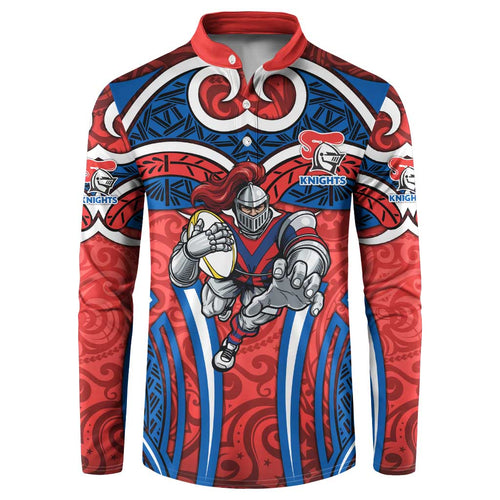 Newcastle Knights Rugby Button Sweatshirt Polynesian Tribal Knight Warrior Red Blue Pattern