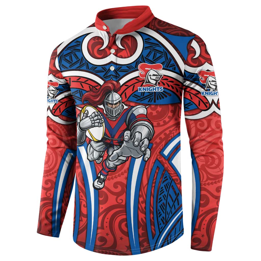 Newcastle Knights Rugby Button Sweatshirt Polynesian Tribal Knight Warrior Red Blue Pattern