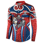 Newcastle Knights Rugby Button Sweatshirt Polynesian Tribal Knight Warrior Red Blue Pattern
