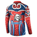 Newcastle Knights Rugby Button Sweatshirt Polynesian Tribal Knight Warrior Red Blue Pattern