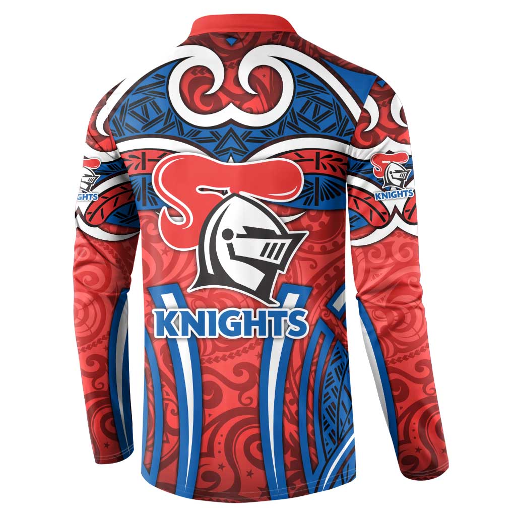 Newcastle Knights Rugby Button Sweatshirt Polynesian Tribal Knight Warrior Red Blue Pattern