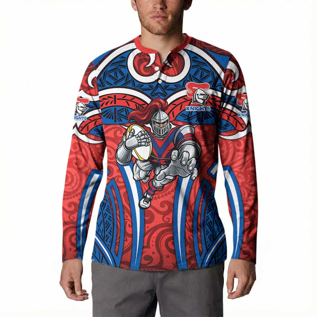 Newcastle Knights Rugby Button Sweatshirt Polynesian Tribal Knight Warrior Red Blue Pattern
