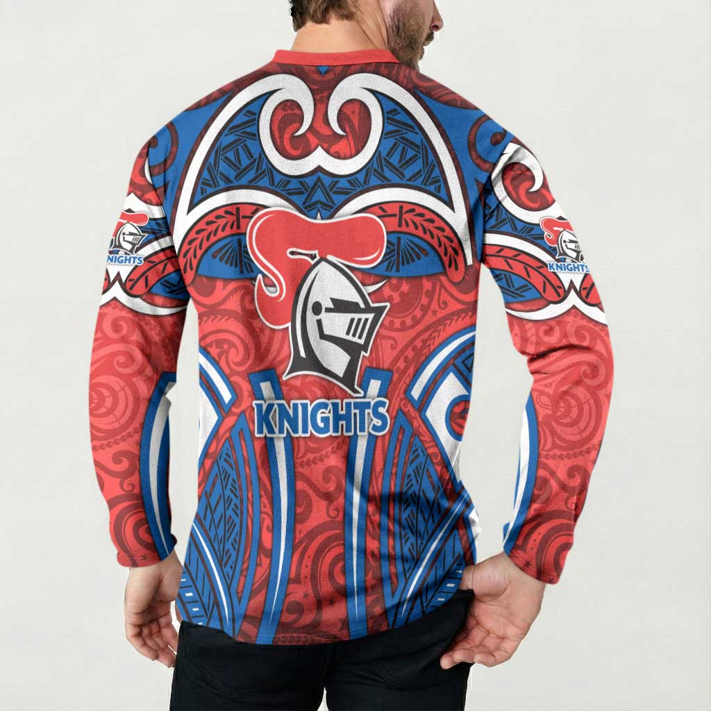 Newcastle Knights Rugby Button Sweatshirt Polynesian Tribal Knight Warrior Red Blue Pattern
