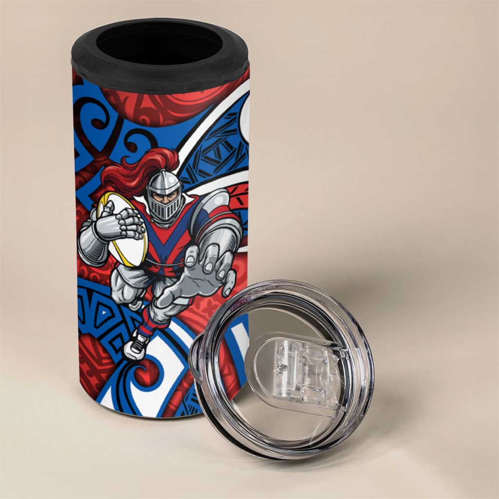 Newcastle Knights Rugby 4 in 1 Can Cooler Tumbler Polynesian Tribal Knight Warrior Red Blue Pattern