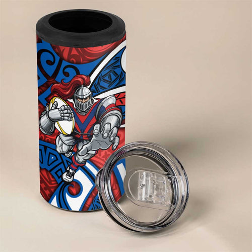 Newcastle Knights Rugby 4 in 1 Can Cooler Tumbler Polynesian Tribal Knight Warrior Red Blue Pattern
