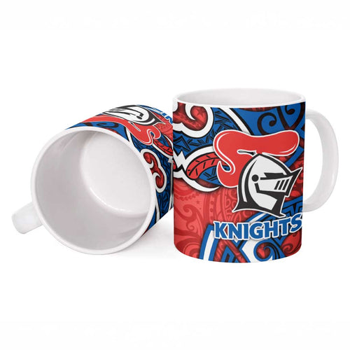 Newcastle Knights Rugby Ceramic Mug Polynesian Tribal Knight Warrior Red Blue Pattern