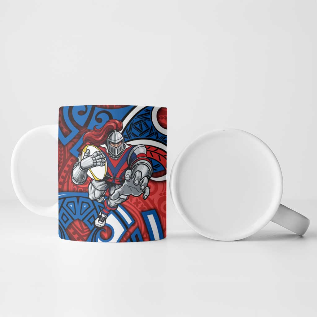 Newcastle Knights Rugby Ceramic Mug Polynesian Tribal Knight Warrior Red Blue Pattern