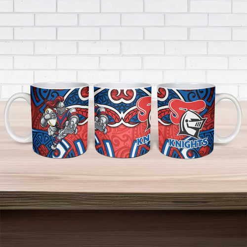 Newcastle Knights Rugby Ceramic Mug Polynesian Tribal Knight Warrior Red Blue Pattern