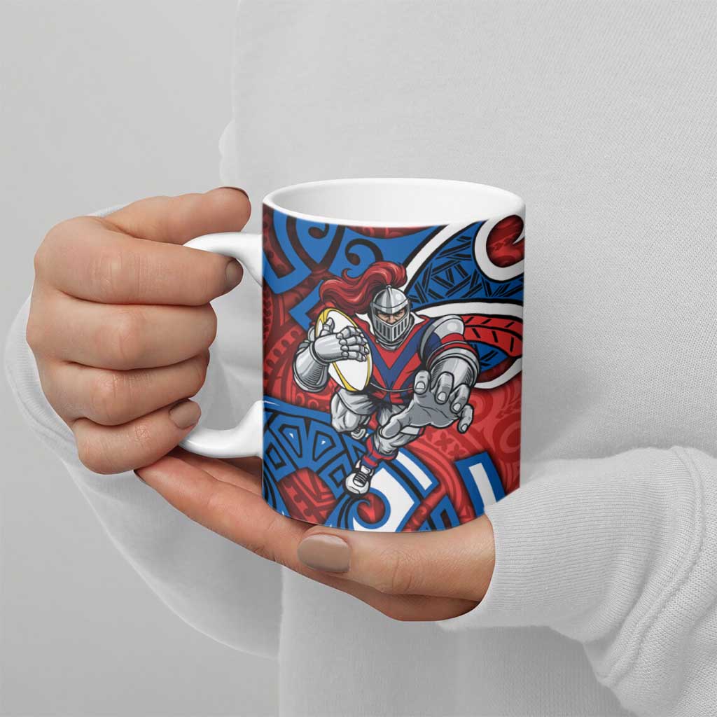 Newcastle Knights Rugby Ceramic Mug Polynesian Tribal Knight Warrior Red Blue Pattern