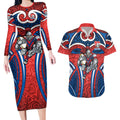 Newcastle Knights Rugby Couples Matching Long Sleeve Bodycon Dress and Hawaiian Shirt Polynesian Tribal Knight Warrior Red Blue Pattern