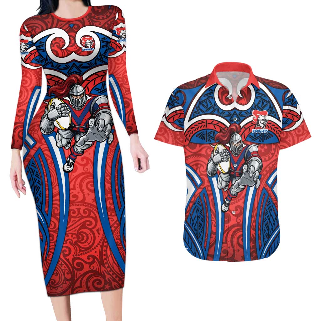 Newcastle Knights Rugby Couples Matching Long Sleeve Bodycon Dress and Hawaiian Shirt Polynesian Tribal Knight Warrior Red Blue Pattern