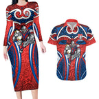 Newcastle Knights Rugby Couples Matching Long Sleeve Bodycon Dress and Hawaiian Shirt Polynesian Tribal Knight Warrior Red Blue Pattern